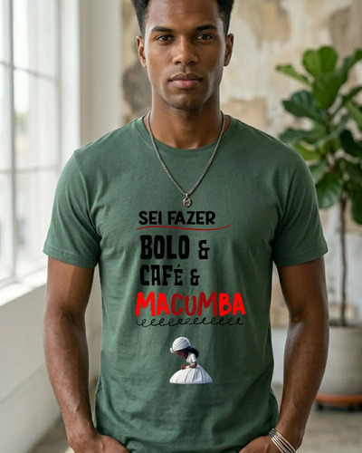 Camiseta Algodão Sei Fazer Bolo Café e macumba